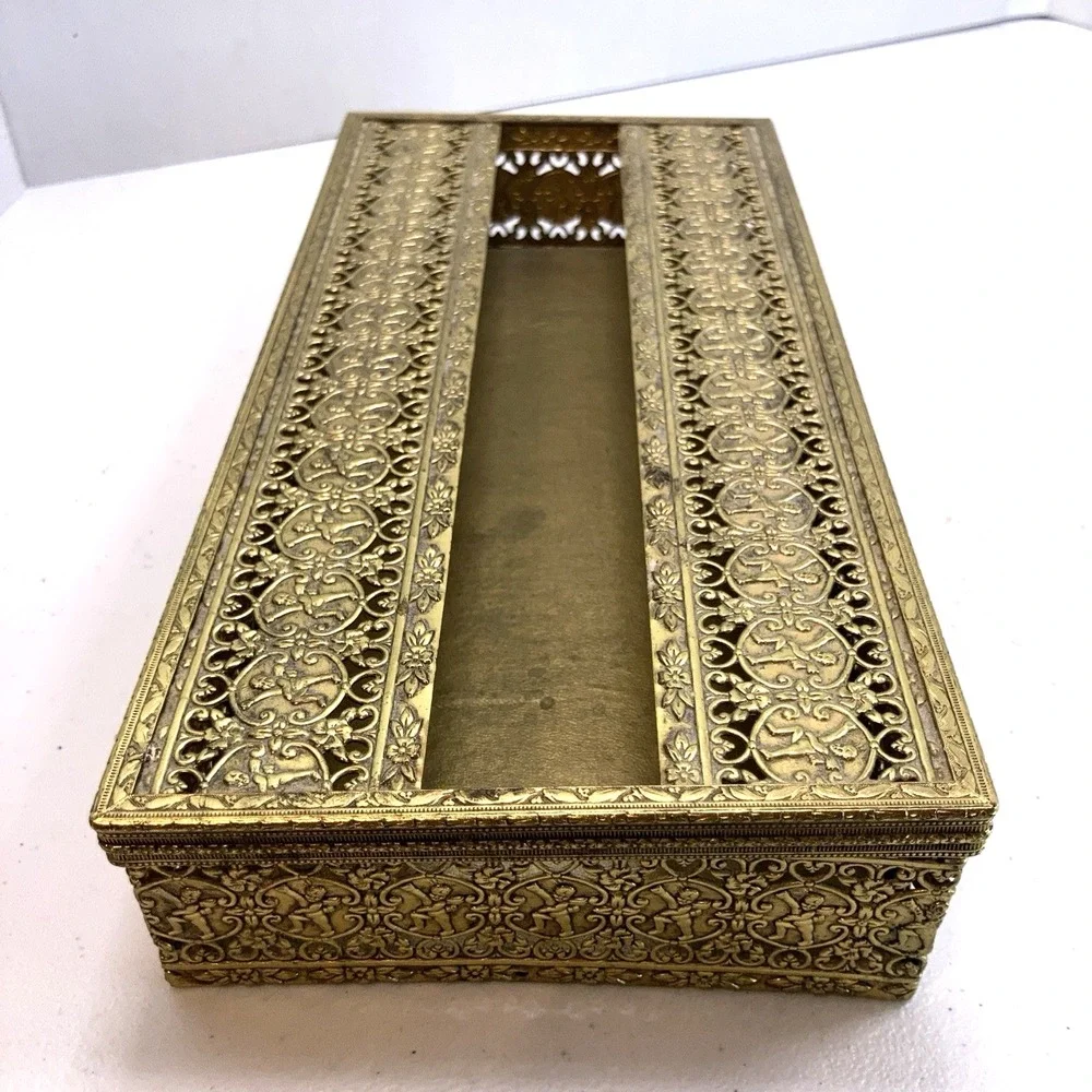 Vintage MCM Gold Tone‎ Brass Tissue Box Filigree Holder Ornate Hollywood Regency